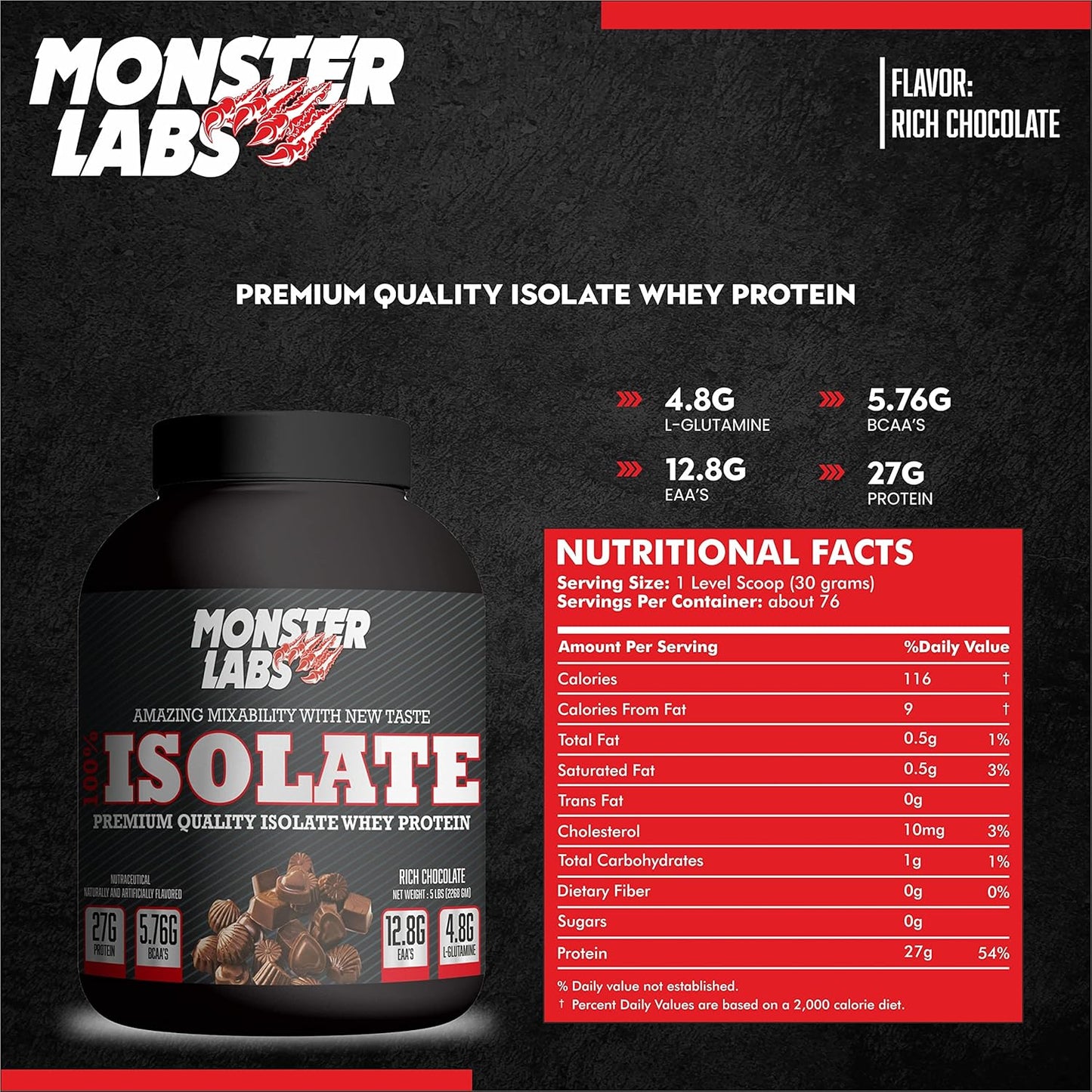Monster Labs 100% Isolate Whey Protein 5 lbs - Rich Chocolate