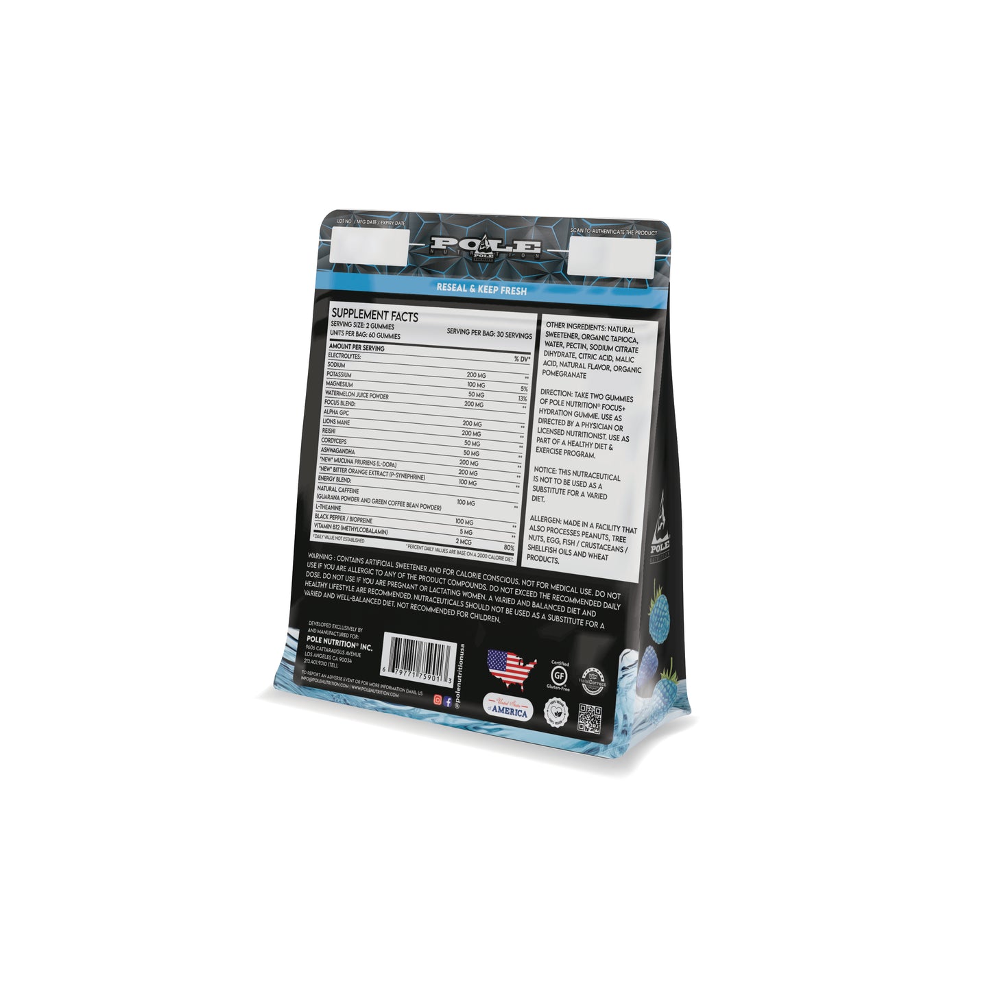 Focus + Hydration Gummies with No Added Sugar (Blueberry, 60 Gummies)